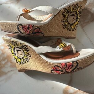 Coach Floral Embroidered Wedges - White and Tan